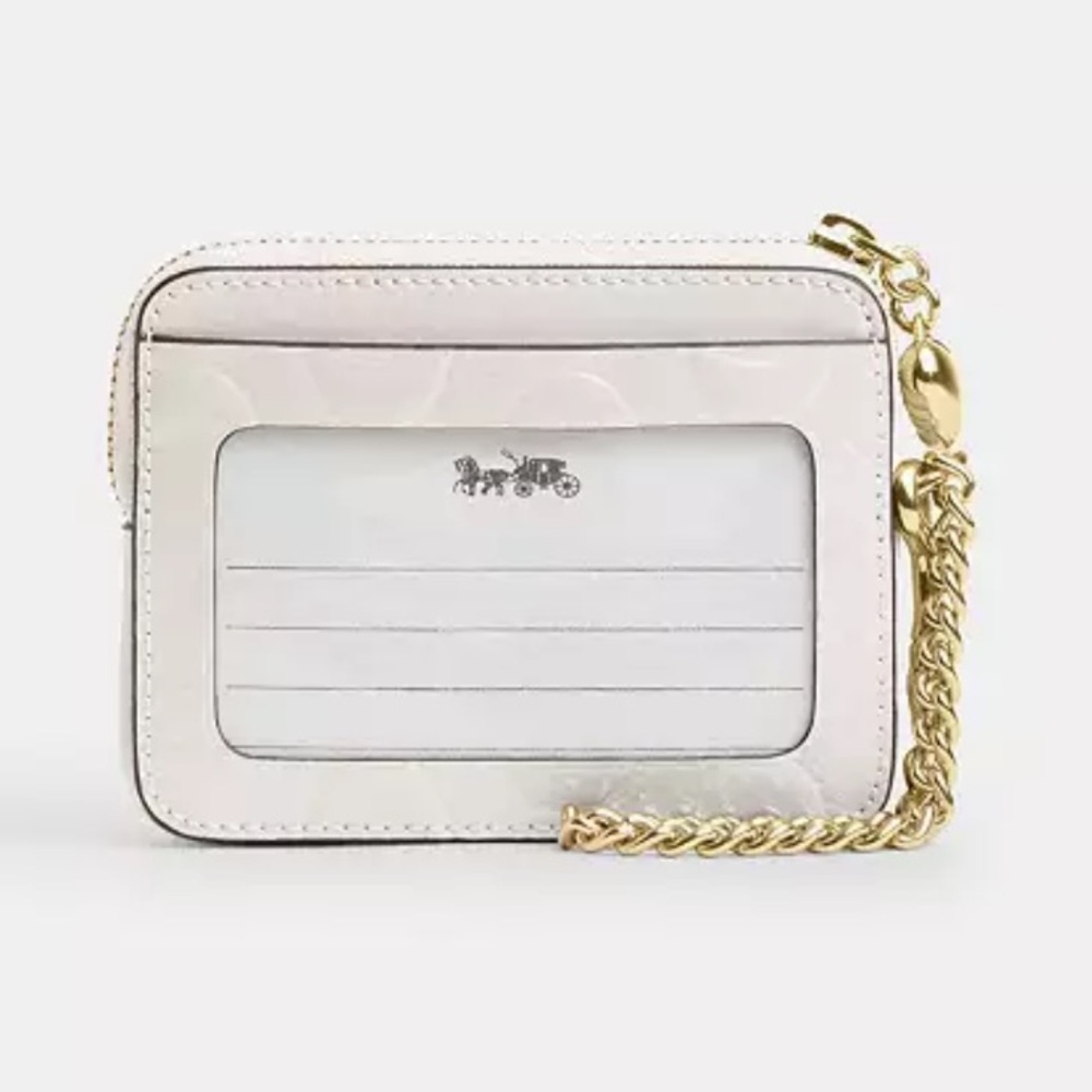 Coach Chalk Zip Card Case Wallet w Chain Signature Leather- New